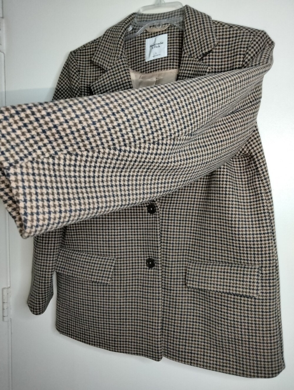 Abercrombie & Fitch (Size L) Wool Blend Houndstooth Blazer Jacket - Brown/Black - Picture 3 of 16